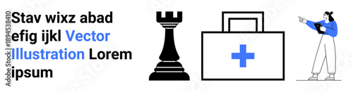 Chess rook symbolizing strategy, first aid kit for healthcare, and person using tablet. Ideal for technology, education, organization, healthcare, planning, decision-making simple landing page