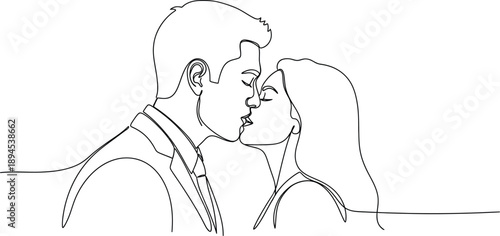 Minimalist continuous line drawing depicts a romantic couple sharing a tender, passionate kiss in a simple black and white illustration style