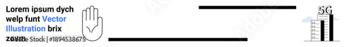 Digital communication, internet safety, 5G technology, connection speed, caution, and modern signals. A hand gesture with text and 5G towers. Internet safety and 5G technology concept