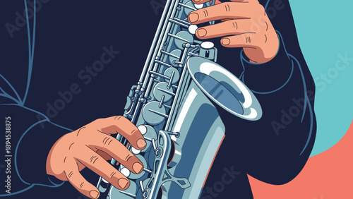 Intricate close-up of a musician's hands playing a silver saxophone showing the detailed keys and buttons of the musical instrument.