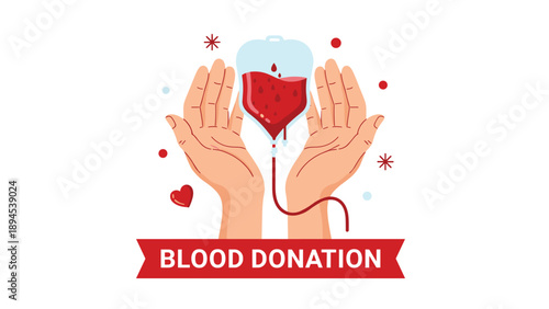 Two hands holding a plastic blood bag for a transfusion with a red donation ribbon and heart icons for medical charity and support.