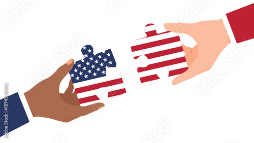 Diverse hands connecting two puzzle pieces featuring the American flag to symbolize national unity and cooperation between citizens.