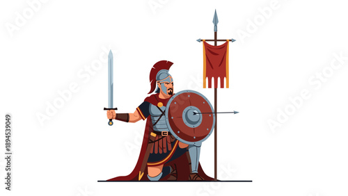 Brave Roman soldier in full battle armor and a red cape kneeling with a sword and shield as an arrow hits his protective gear.