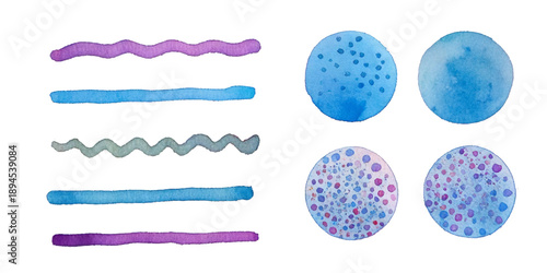 寒色系の色合いの水彩で描いた線と丸の素材セット