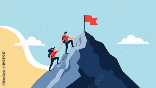 Two determined hikers helping each other climb a steep mountain peak to reach a red flag at the summit under a clear blue sky.