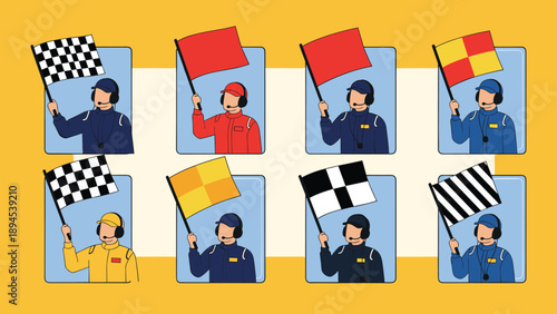 Race track officials in professional uniforms holding various colored flags to signal drivers during a motorsport competition.