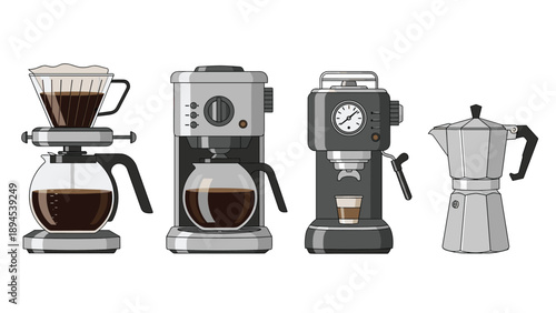 Set of different coffee making equipment including a drip brewer, espresso machine, and a classic silver moka pot on a white background.