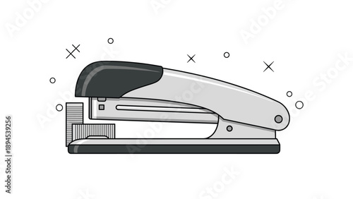 Highly detailed illustration of a silver office stapler with a black handle shown with a stack of metal staples for paperwork.