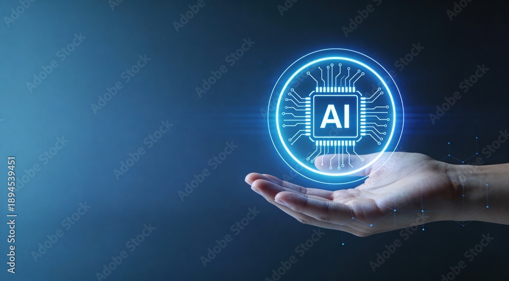 Fototapeta premium Hand holding glowing AI chip icon representing artificial intelligence technology.