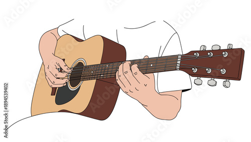 Close up view of a musician hands playing chords on the strings of an acoustic guitar against a plain white background.