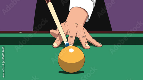 Detailed view of a billiard player aiming a cue stick at a yellow pool ball on a green felt table during a game.
