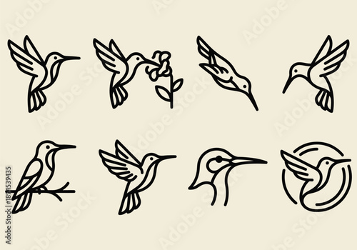 Line Art Hummingbird Vector Icon Set - Minimalist Wildlife Collection