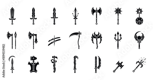 Comprehensive set of diverse weaponry silhouettes including various bladed swords, formidable axes, dangerous maces, and powerful staffs ideal for medieval game assets or heroic