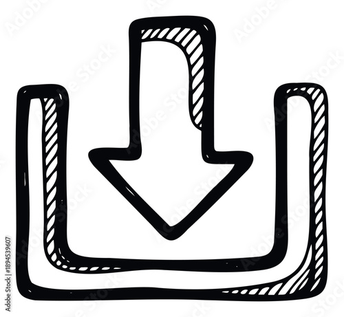 Hand drawn sketch style download icon with an arrow pointing down into a box, ideal for user interface design, web applications, and digital media projects