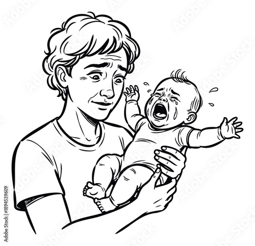 Stressed parent holding a wailing newborn provides a poignant visual for topics relating to childcare difficulties, new parenthood, or emotional support resources.