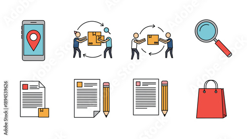 Set of colorful logistics and shopping icons including location tracker, package delivery, magnifying glass, and shopping bag.