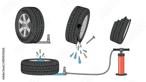 Illustration showing various tire problems including a flat tire, a punctured tire with a nail, and a pump for repair.