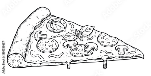 A delicious handdrawn pizza slice with pepperoni, mushrooms, and basil, featuring melted cheese drips, perfect for restaurant menus, food packaging, or culinary themed projects.