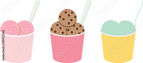 Ice cream cup vector illustration set featuring strawberry chocolate mint scoops, pastel containers, spoons, and sweet frozen dessert icons for summer designs
