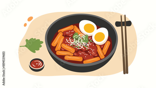 Appetizing bowl of korean tteokbokki featuring spicy rice cakes, boiled eggs, and garnish with chopsticks on the side.