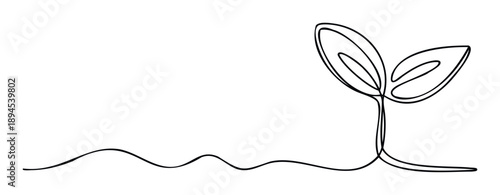 Continuous line drawing of a small plant sprout with two leaves, representing new growth, life, and environmental renewal, perfect for ecofriendly and sustainable development themes.