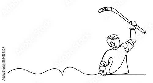 Dynamic one line art of an ice hockey athlete celebrating a goal with his stick up, ideal for sports marketing materials and competition themed visuals.