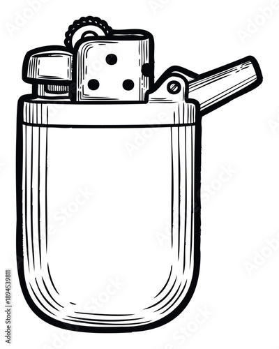 Classic vintage lighter with its top open depicted in a bold engraving style artwork, perfect for adding an oldfashioned touch to apparel, merchandise, or print materials