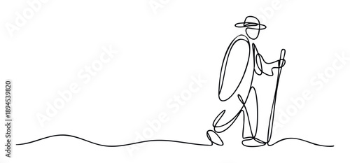 A continuous line drawing portraying a solitary traveler wearing a hat and carrying a backpack while walking with a trekking pole on a wavy path, suitable for promoting travel, adventure,