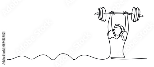 A continuous line drawing of a weightlifter performing an overhead press with a barbell symbolizing strength and determination perfect for fitness industry visuals or sportsrelated