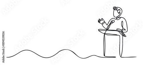 Minimalist single continuous line drawing portrays a dynamic speaker giving an engaging speech at a podium, perfect for illustrating concepts of public speaking, communication, and
