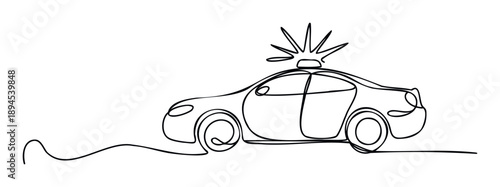 Continuous line drawing of a police patrol car with a flashing siren, perfect for emergency service branding or public safety campaign materials