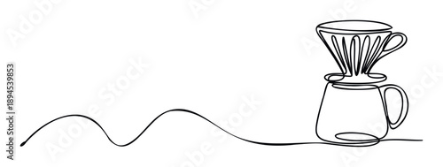 Minimalist continuous line drawing of a coffee pour over dripper and server for a coffee shop decor, menu background, or beverage industry branding