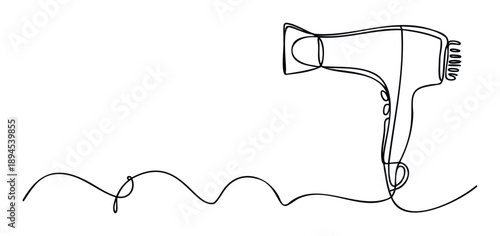 Sleek continuous line drawing of a modern hair dryer with its flowing power cord, perfect for personal care product promotions and beauty salon services graphics.