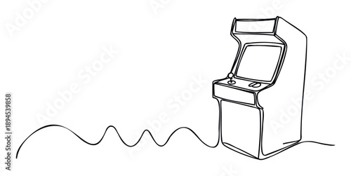 Continuous one line illustration depicting a classic arcade game cabinet featuring a joystick and control buttons, suitable for video game culture content and entertainment posters.