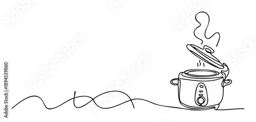 Minimalist one line drawing of a steaming electric slow cooker with an open lid perfect for kitchen appliance advertisements or cooking blog graphics