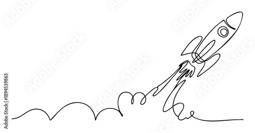 Minimalist continuous line drawing of a rocket launching with a dynamic smoke trail, symbolizing new beginnings, innovation, business growth, and future success for contemporary projects.