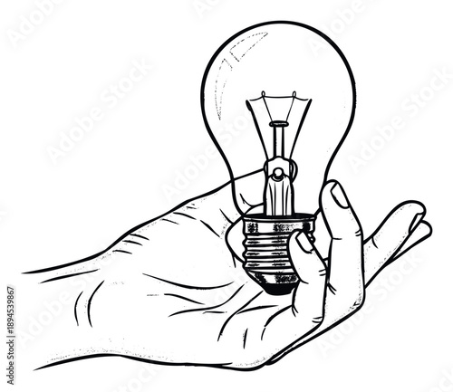 A human hand gently holds an unlit traditional incandescent light bulb representing ideas, innovation, and potential for energy and creativity for business presentations and educational