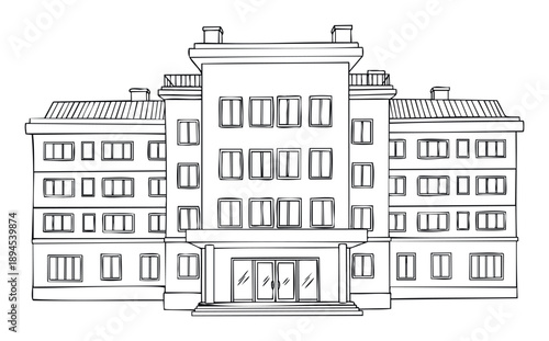 Outline drawing of a multistory public building with a grand entrance and numerous windows perfect for architectural projects, educational materials, or city planning visualizations.