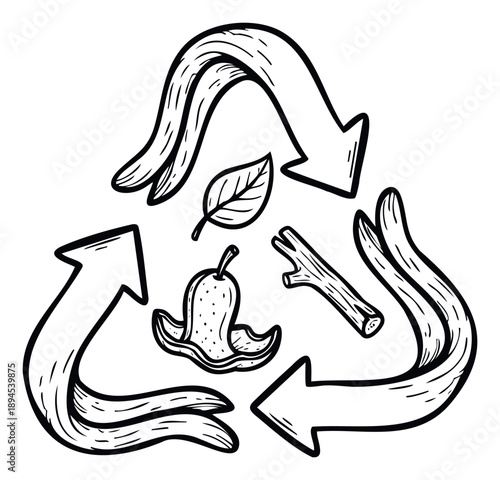 Handdrawn recycling symbol with arrows encompassing a leaf, wood branch, and fruit peel, promoting organic waste composting for environmental sustainability and ecofriendly designs.