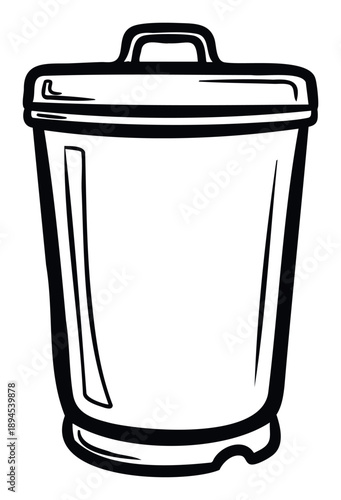 Classic black and white line drawing of a lidded trash can, perfect for recycling, waste management, or discard concepts in presentations and educational materials for everyday use.