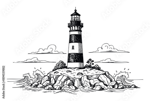 Handdrawn lighthouse on a rugged rocky island with stormy ocean waves, symbolizing guidance and safety for maritime travel and coastal themed projects