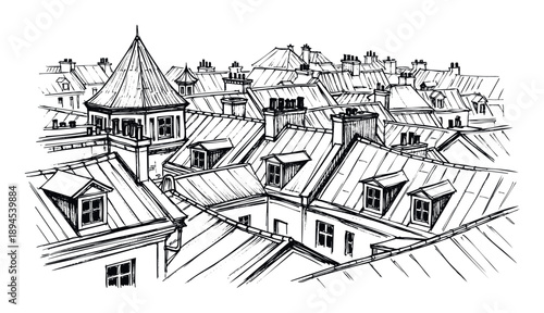 Detailed ink sketch of crowded old city rooftops with chimneys and dormer windows viewed from above perfect for historical architecture themes or travel blog headers