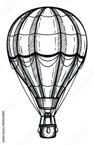 Vintage hand drawn style hot air balloon with basket ideal for travel agency advertisements, unique event invitations, and exciting adventure themed graphic designs.