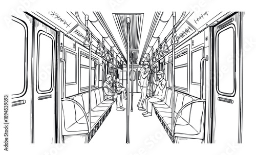 Detailed interior view of a bustling public transportation subway car with passengers commuting, suitable for educational materials and urban lifestyle presentations.