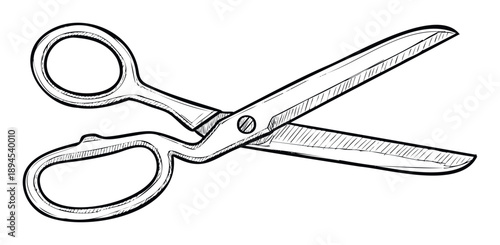 Detailed hand drawn sketch of open scissors, a practical and versatile cutting tool ideal for various craft projects, educational materials, and DIY guides, adding a unique touch