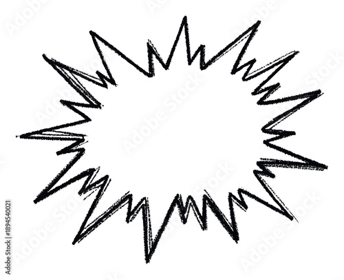 Graphic black explosion burst frame with a rough charcoal texture, ideal for creating dynamic visual effects and powerful design elements in digital and print media projects.