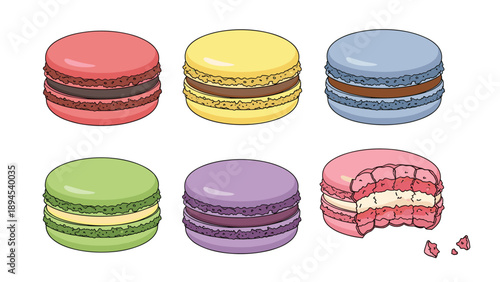 Collection of six colorful french macarons in pink, yellow, blue, green, and purple flavors including one with a bite taken out.