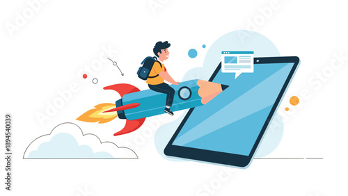 Creative illustration of a young boy with a backpack flying on a rocket shaped pencil coming out from a digital tablet screen.