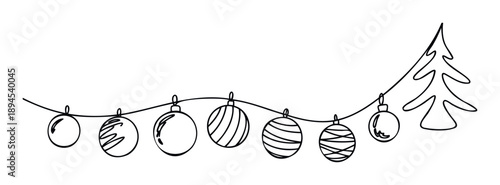 Minimalist holiday garland with various Christmas tree ornaments and a simple fir tree outline creating a festive border for seasonal greetings or winter celebration invitations.