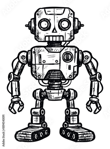 Vintage mechanical robot character drawing with detailed metallic texture and expressive eyes, perfect for science fiction themes or educational graphic design applications.